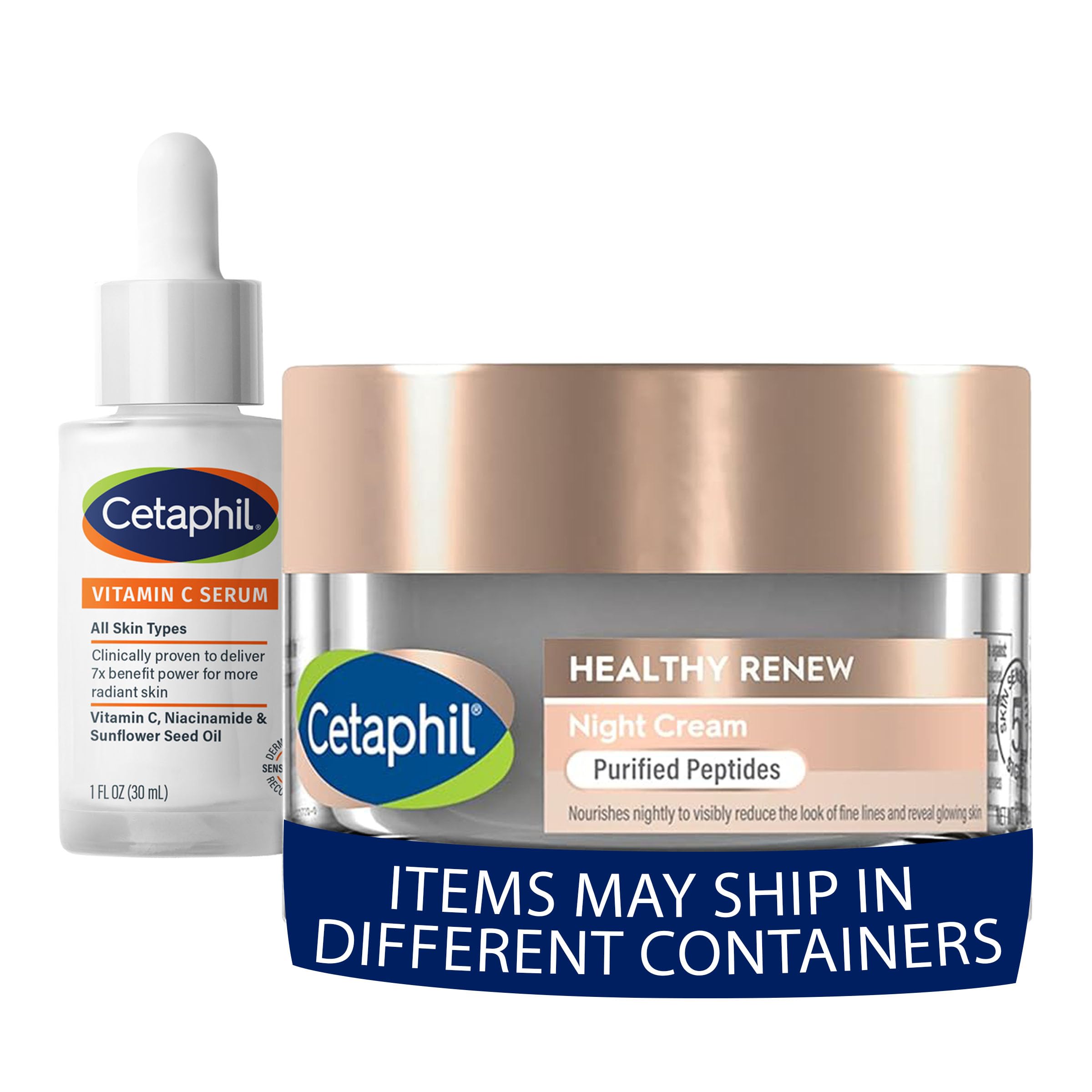 Cetaphil Vitamin C Serum, Dermatologist Tested, 1oz + Healthy Renew Skin Tightening Night Cream 1.7 Oz, Wrinkle Repair Cream for Face with Peptides, For Sensitive Skin, Fragrance Free, Bundle