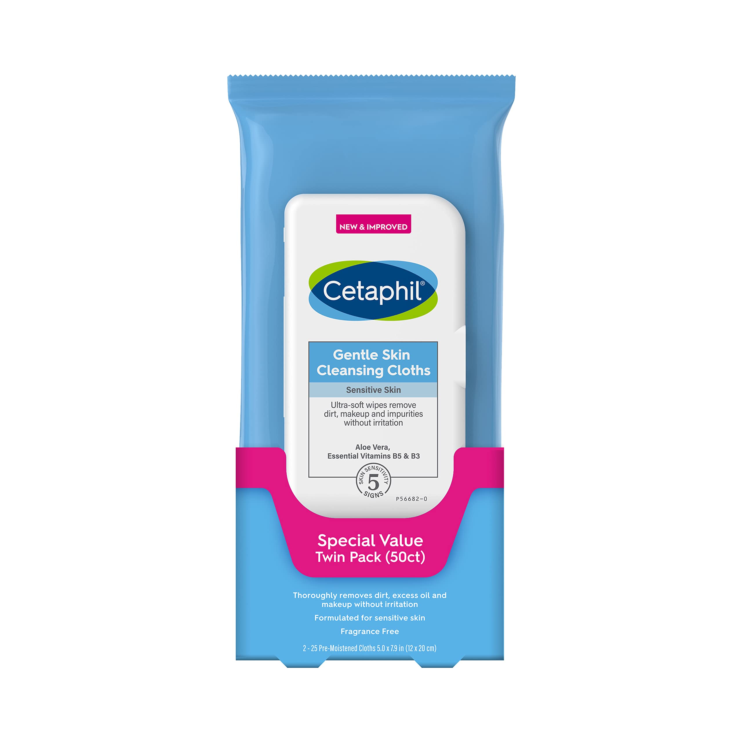 Cetaphil Face and Body Wipes, Gentle Skin Cleansing Cloths, 50 Count, Twin Pack, for Dry, Sensitive Skin, Flip Top Closure, Great for the Gym, Travel, in the Car, Hypoallergenic, Fragrance Free
