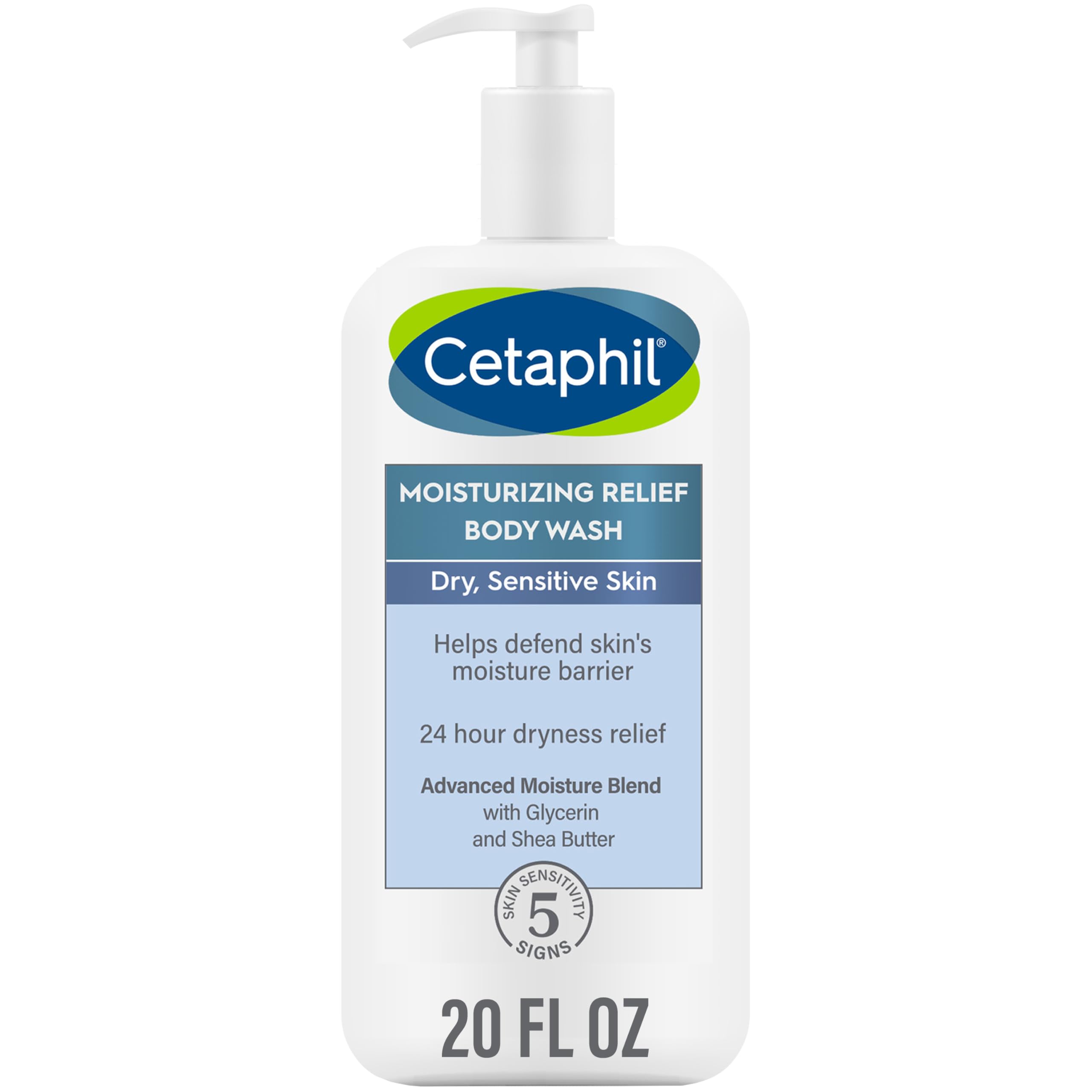 Cetaphil Body Wash, Moisturizing Relief Body Wash for Sensitive Skin, Creamy Rich Formula Gently Cleanses and Gives 24 Hour Relief to Dry Skin, Hypoallergenic, Fragrance Free, 20 oz