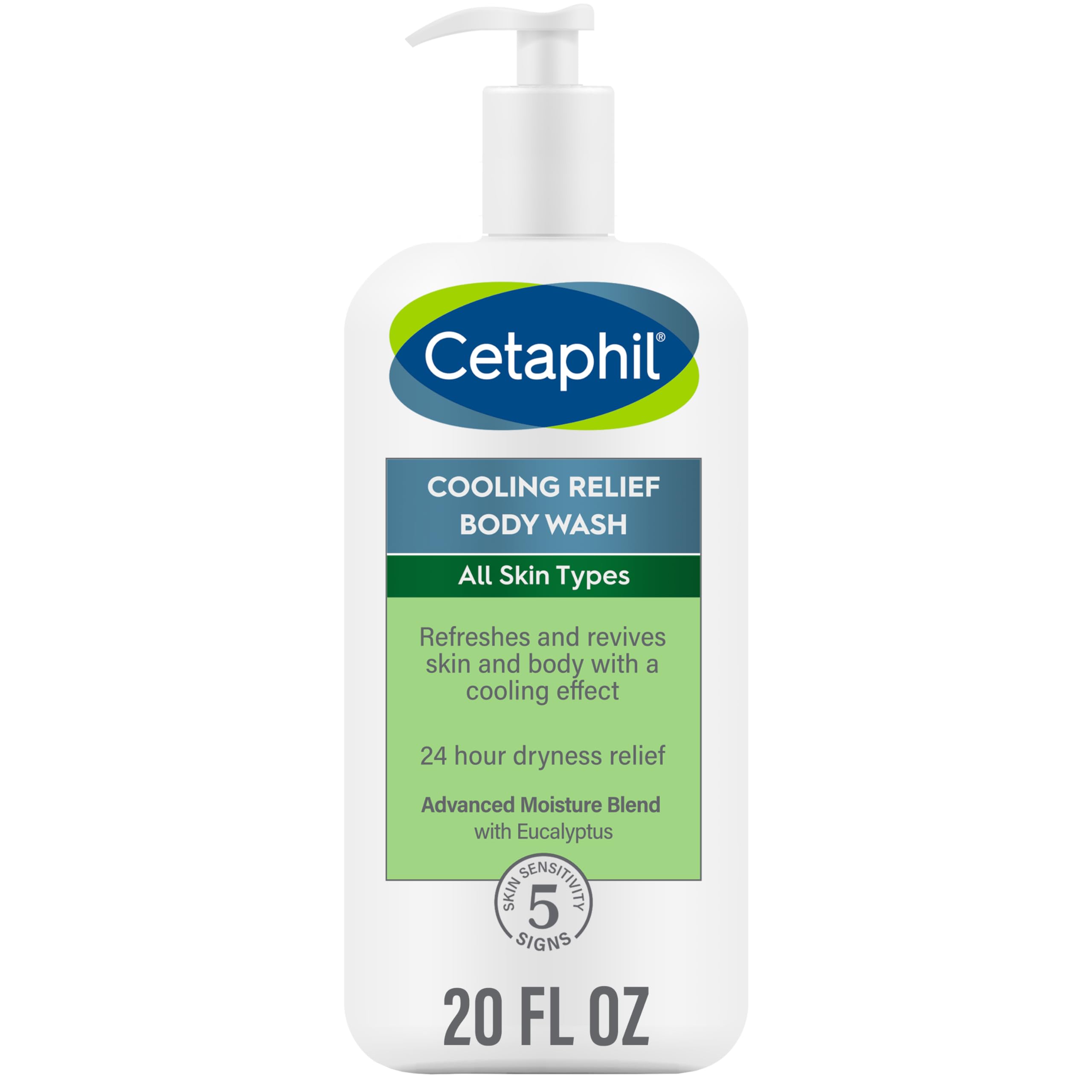 Cetaphil Cooling Relief Body Wash, For All Skin Types, 20 oz, Soothing Eucalyptus, 24 Hour Dryness Relief, Hypoallergenic, Fragrance, Paraben & Sulfate Free, Dermatologist Recommended Brand